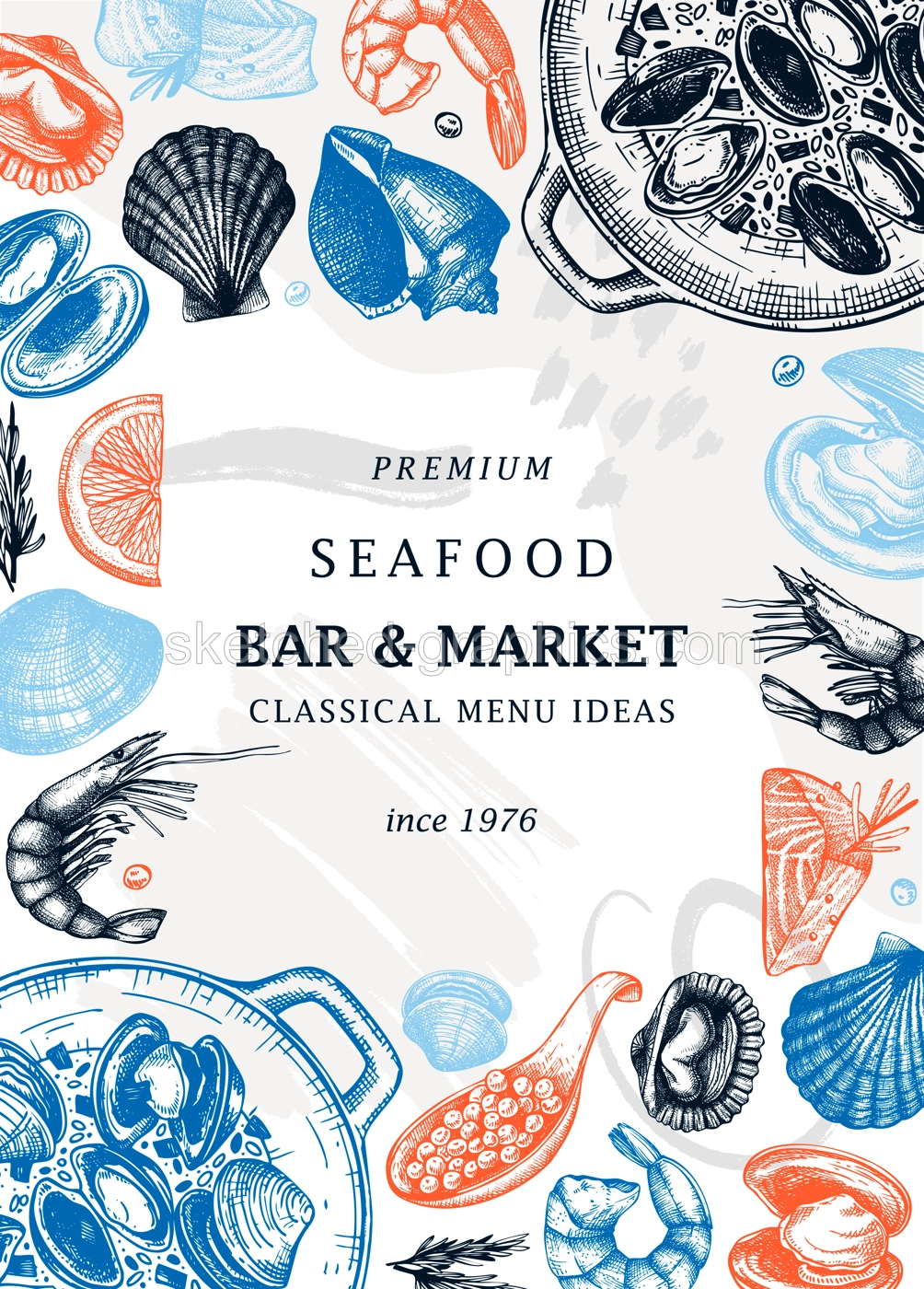 Hand-drawn seafood and fish trendy menu template. Hand sketched cooked sea food illustrations. Collage with shellfish hand-drawing. Mollusks and shrimps card or banner design in sketched style.  Illustration